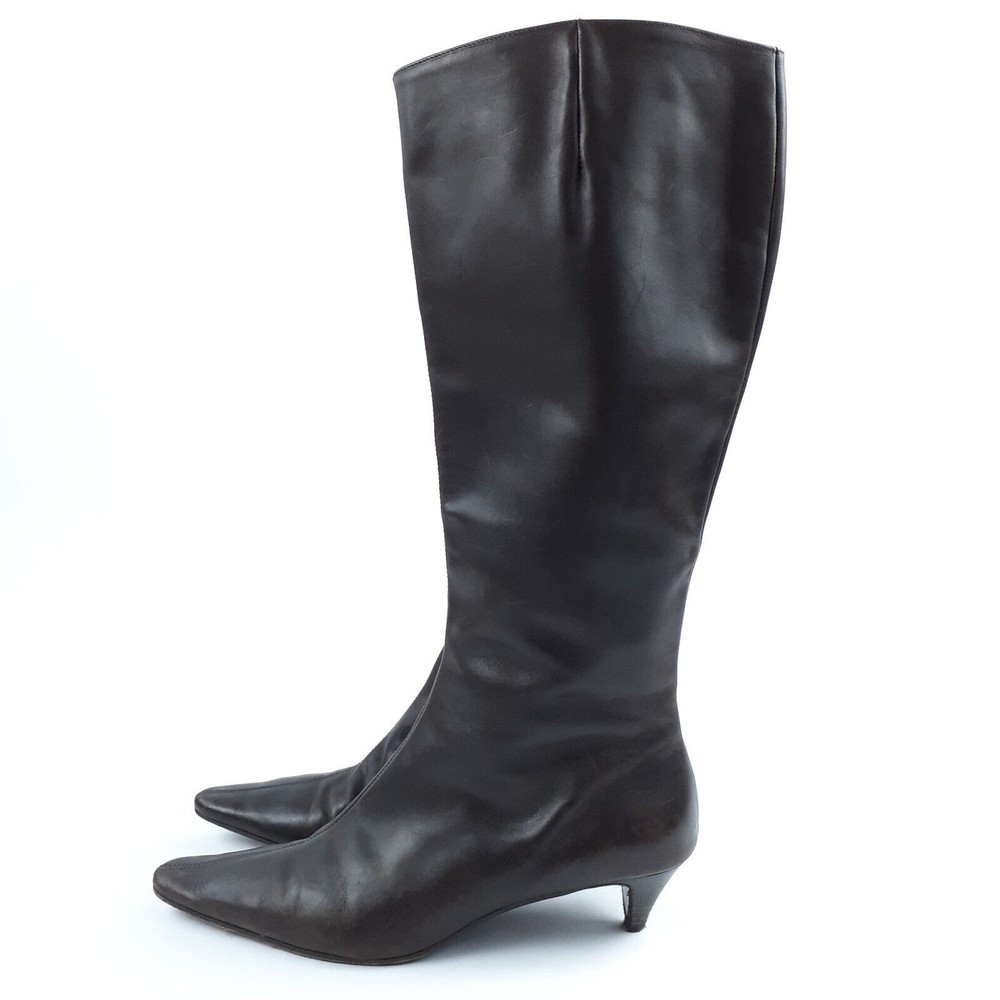 JCrew Womens 9.5 Knee High 17" Kitten Heel Boots Leather Brown Pointed Toe Shoes